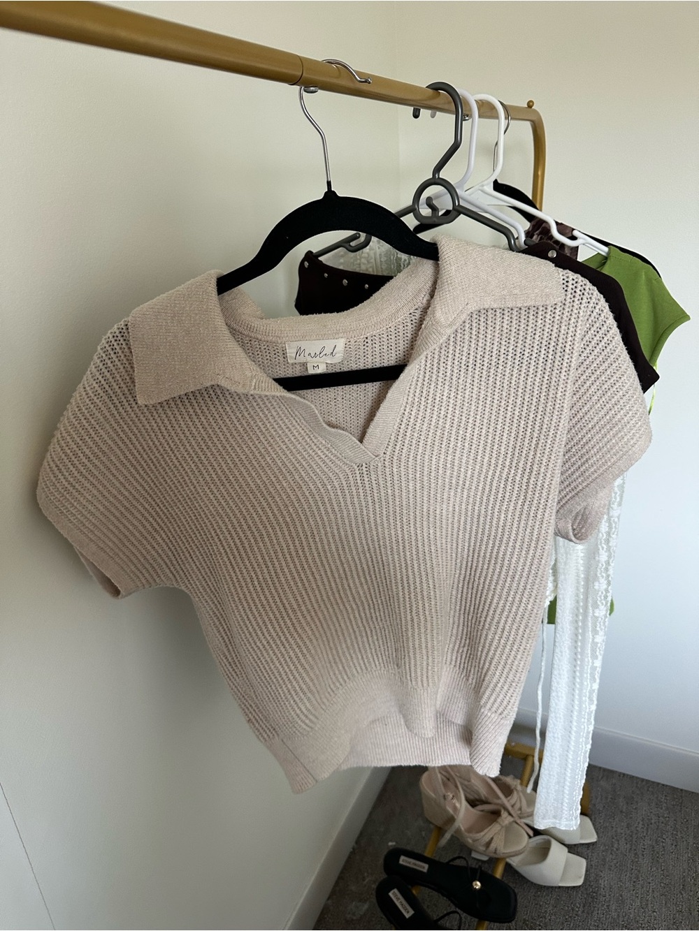 Short Sleeve Knit Polo Sweater in Light Beige